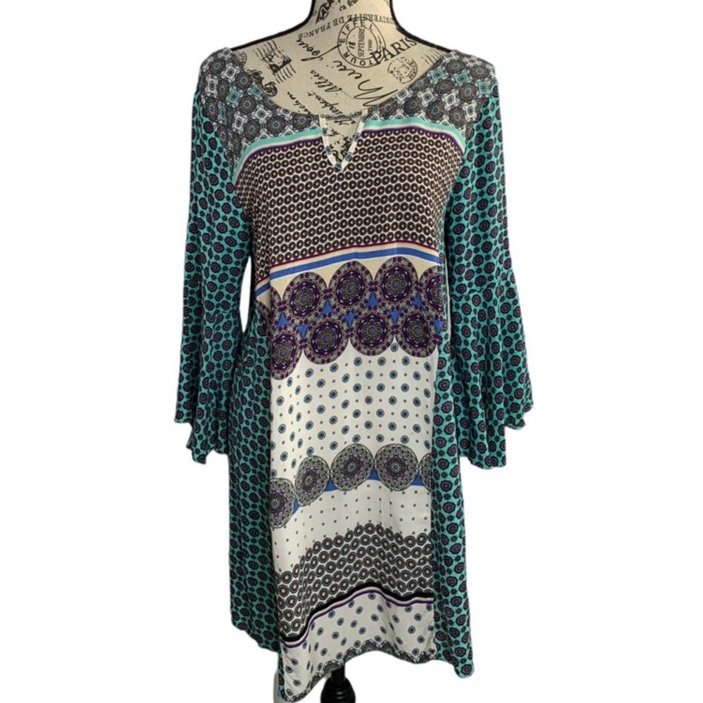 Umgee Boho Mini Dress Multicolor Bell sleeves open back women’s size medium